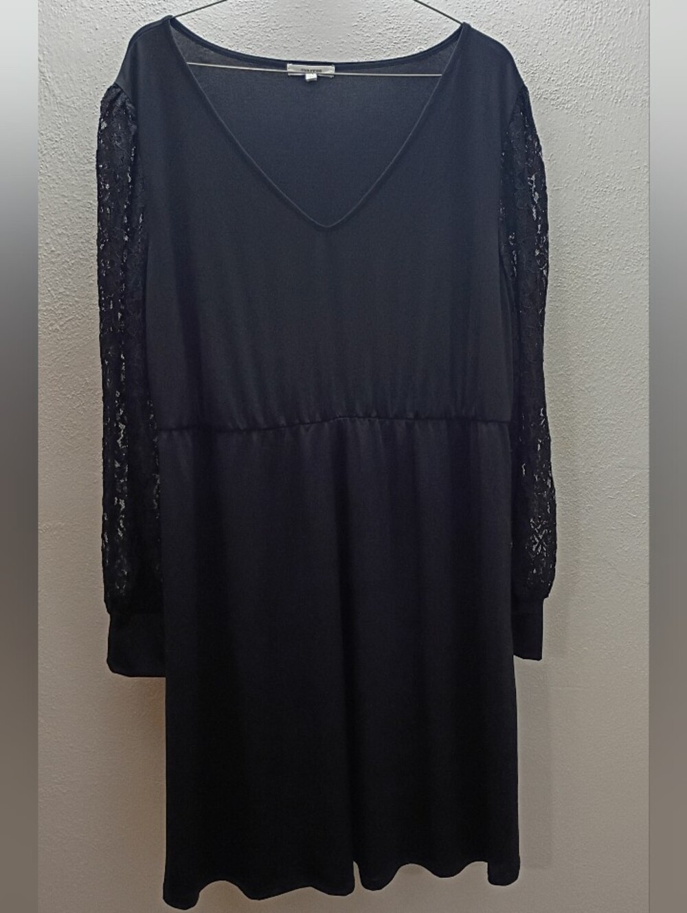 Maurices Black Babydoll V-Neck Dress with Floral Lace Long Sleeves Plus Size 1X